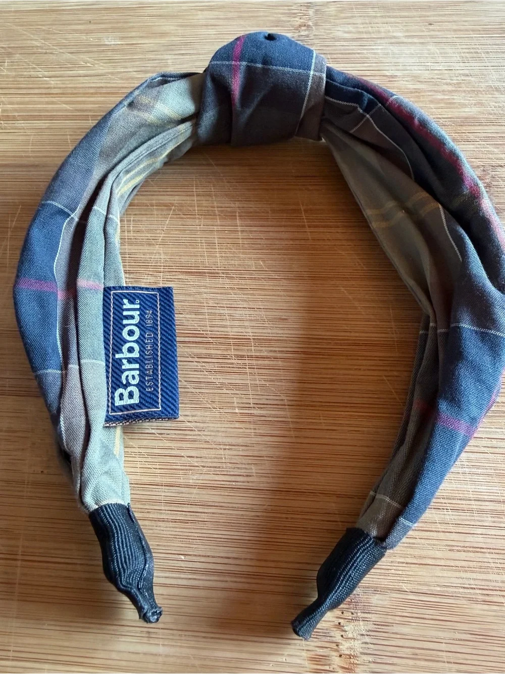 Barbour Olive and Navy Plaid Knotted Headband with Pink Stripe